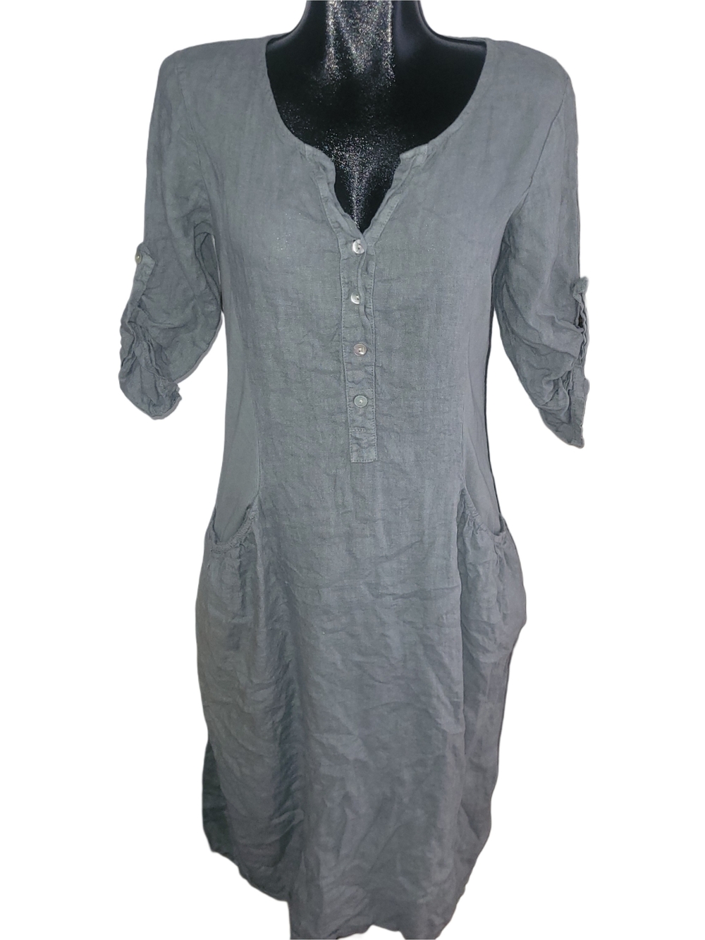 Terzo Millenio Women's Light Olive Linen Henley-Button Lagenlook Tunic Dress S